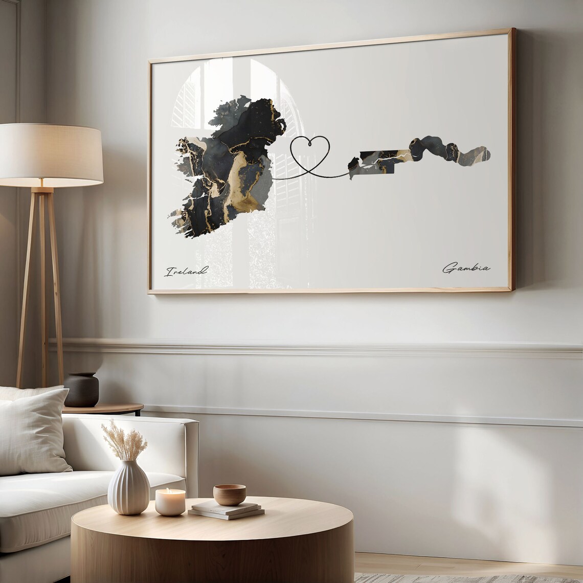 Ireland To Gambia Heart Connected Black Marble Country Map Poster - Image 2