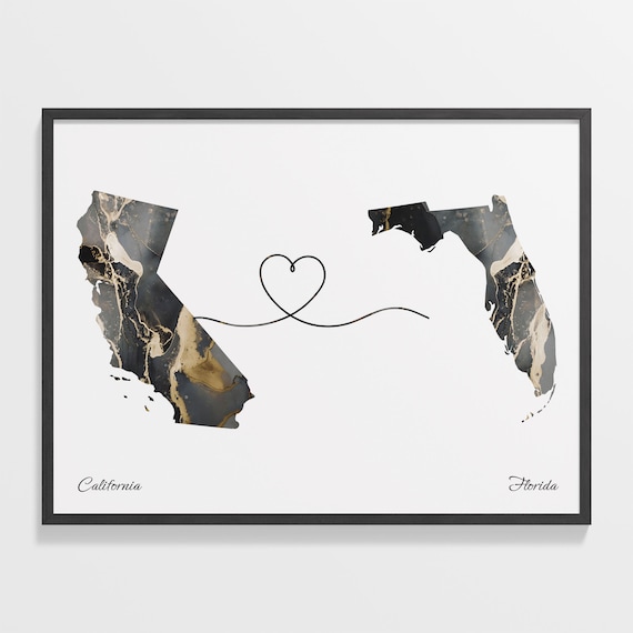 California and Florida Marble Map Heart Long Distance Poster
