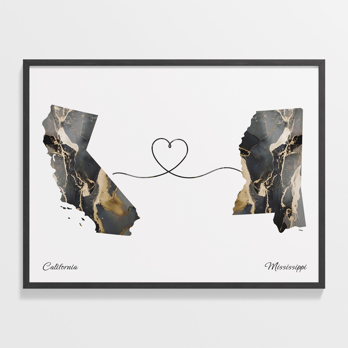 California to Mississippi Black Gold Marble Map Heart Line Art Poster