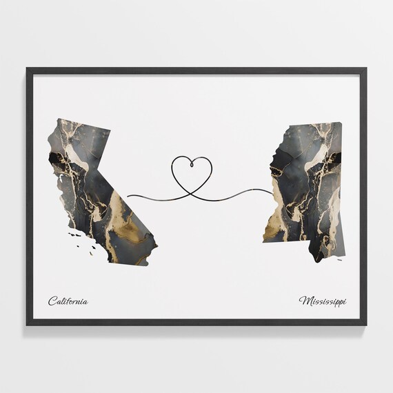 California to Mississippi Black Gold Marble Map Heart Line Art Poster