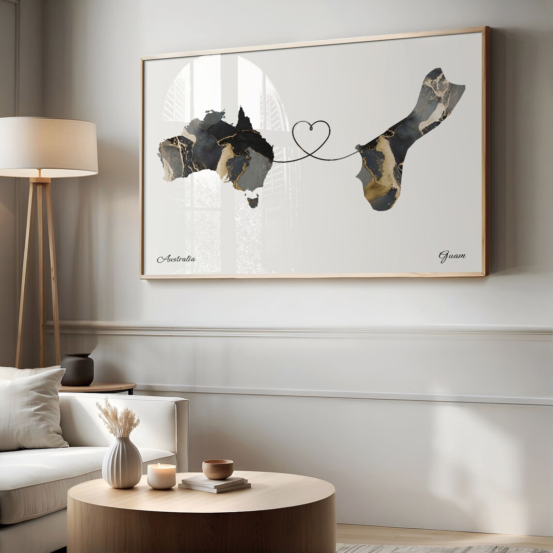 Australia and Guam Long Distance Black Marble Heart Connection Map Poster - Image 2