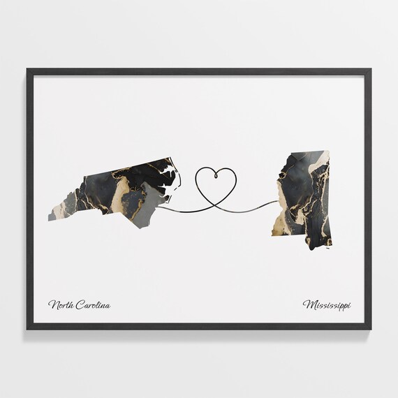 North Carolina Mississippi Long Distance Love Black Gold Marble Map Poster
