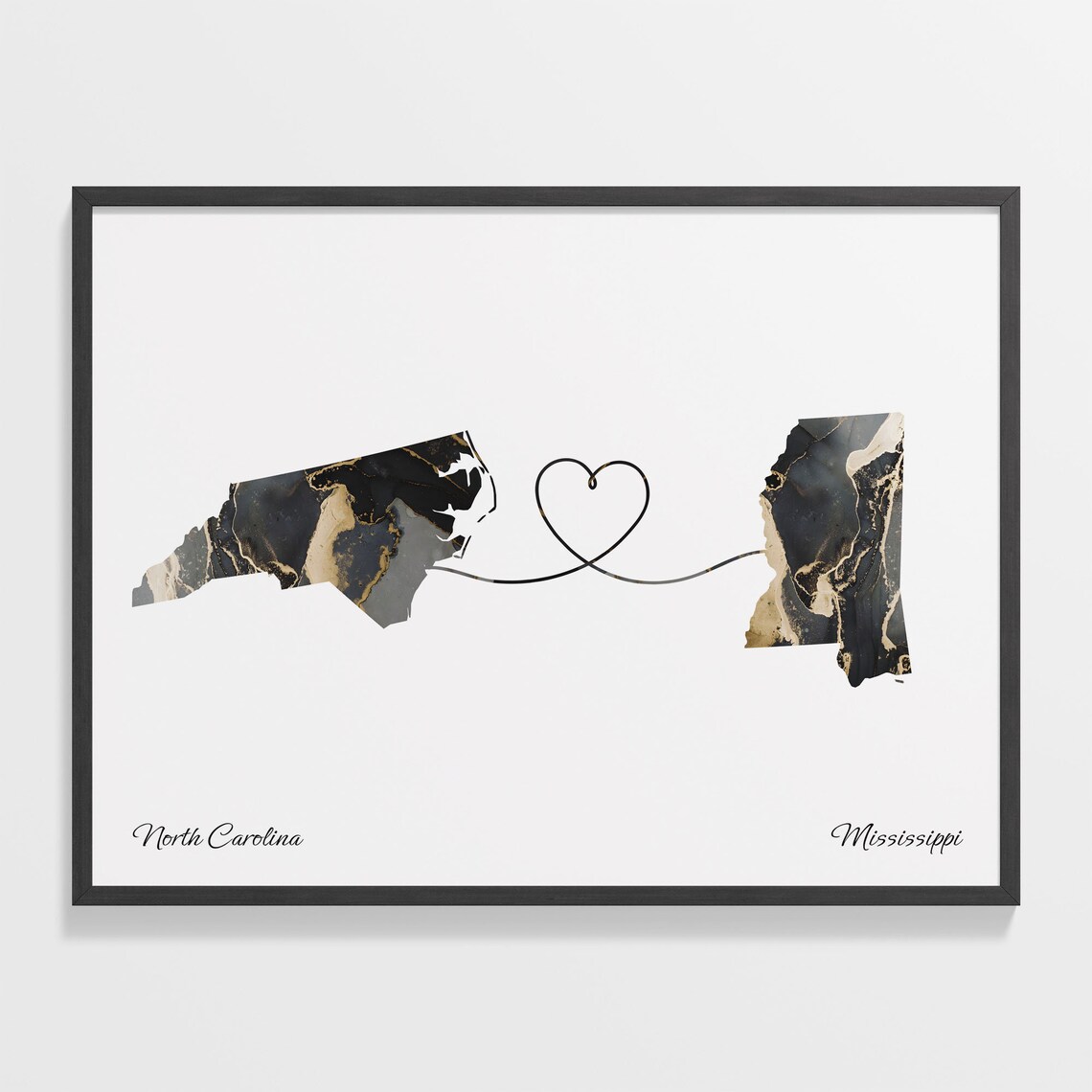 North Carolina Mississippi Long Distance Love Black Gold Marble Map Poster