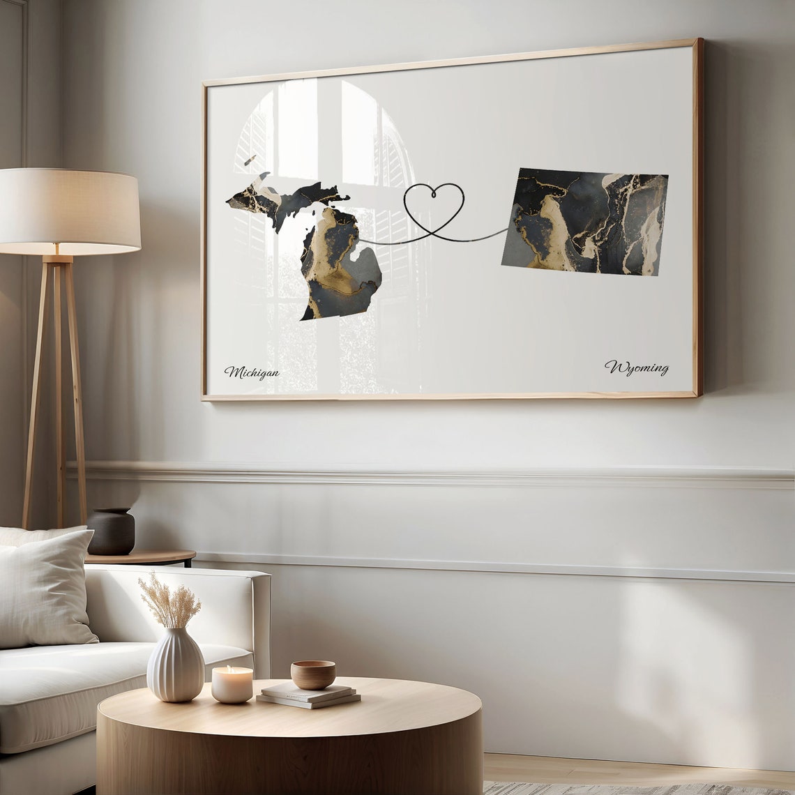 Michigan Wyoming Long Distance Love Black Gold Marble Map Poster - Image 2