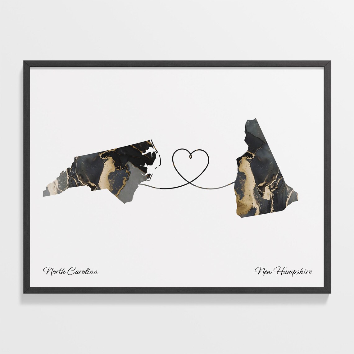 North Carolina to New Hampshire Black Marble State Map Long Distance Love Poster