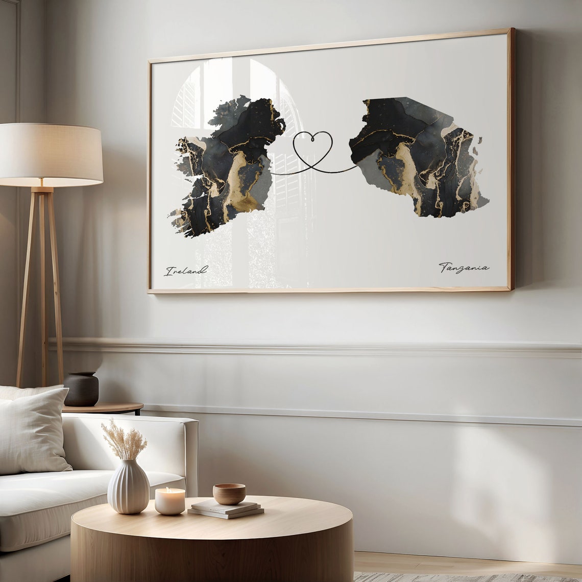 Ireland to Tanzania Heart Connected Long Distance Marble Map Poster - Image 2