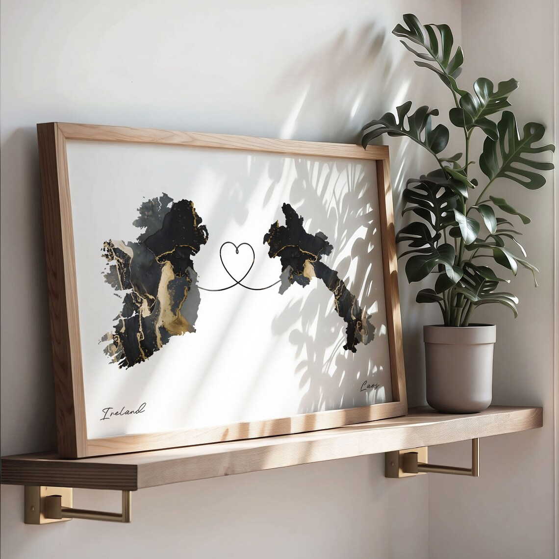 Ireland and Laos Black and Gold Marble Heart Map Connection Poster - Image 3