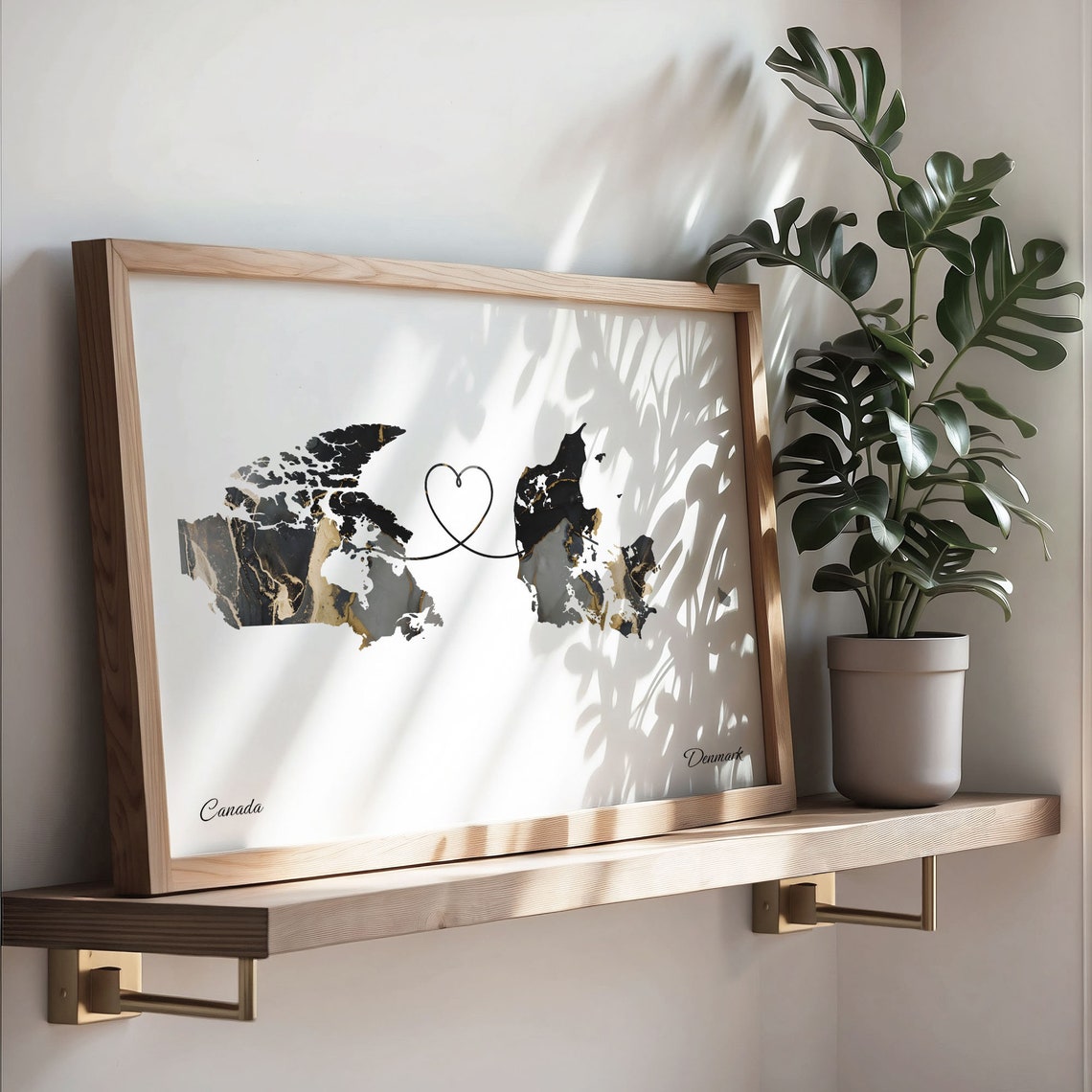 Canada to Denmark Black Gold Marble Heart Connection Map Poster - Image 3
