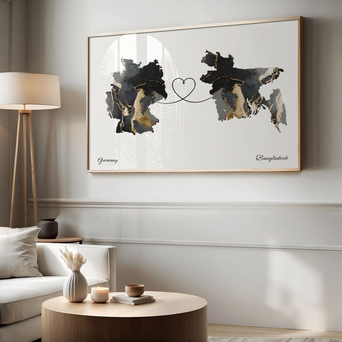Germany and Bangladesh Marble Heart Connected Countries Map Poster - Image 2