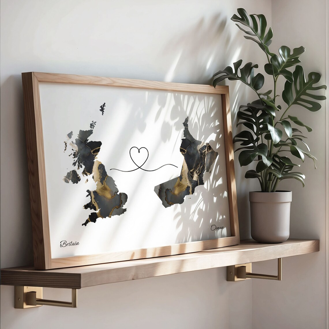 Britain and Oman Heart Connection Black and Gold Marble Poster - Image 3