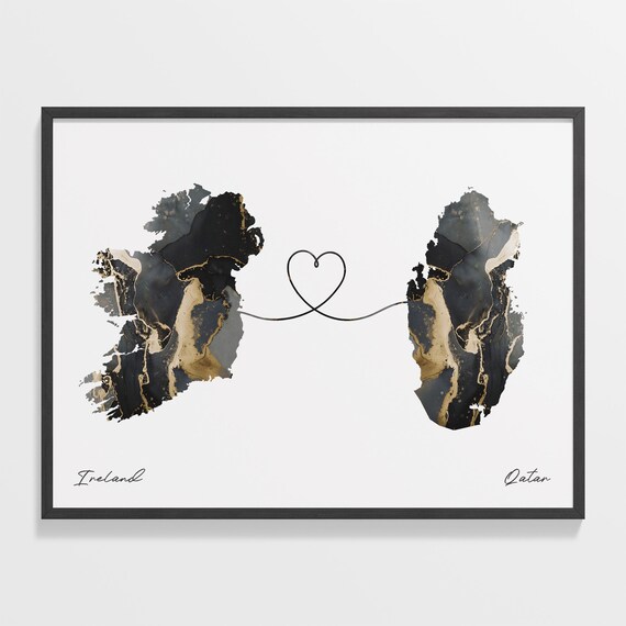 Ireland and Qatar Black and Gold Marble Two Countries Map Poster