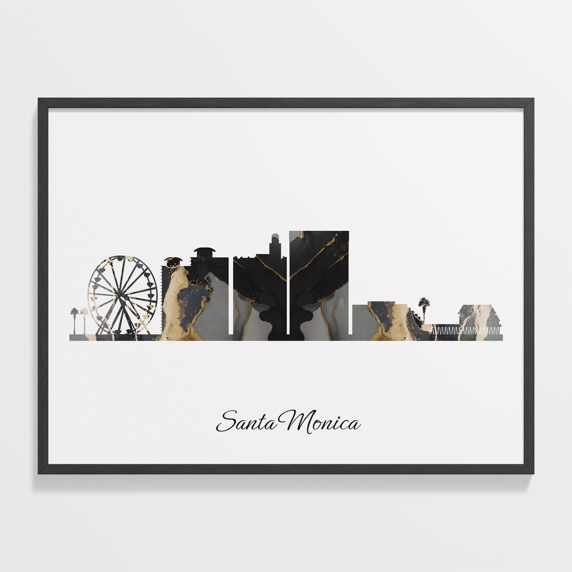 Santa Monica Skyline Marble Cityscape Black and Gold Travel Poster