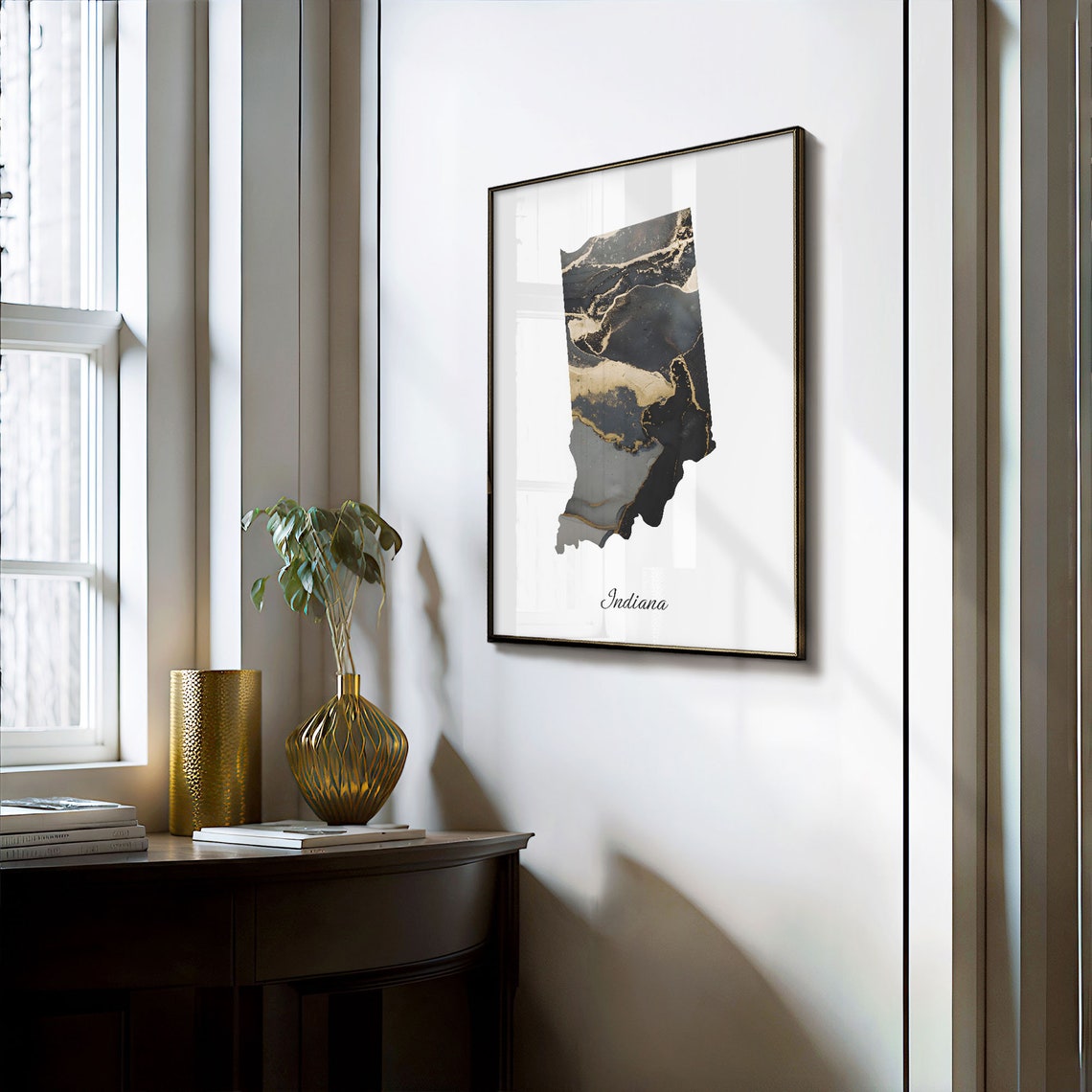 Indiana Black and Gold Marble Silhouette State Map Art Poster - Image 3