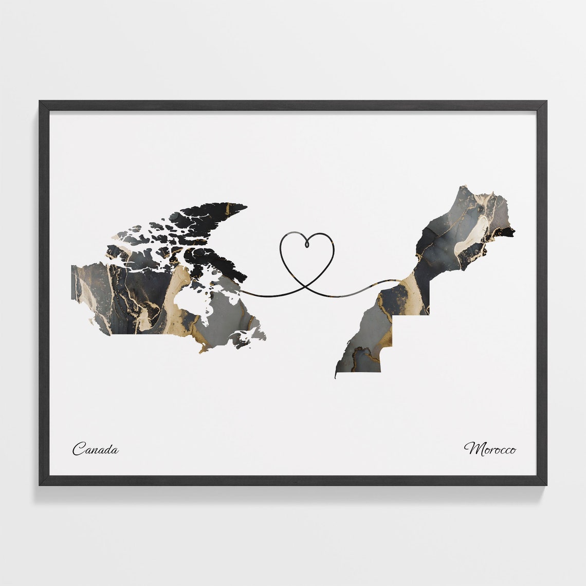 Canada To Morocco Black Gold Marble Long Distance Heart Map Poster