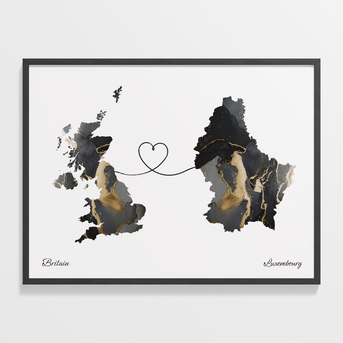 Britain to Luxembourg Heart Connected Long Distance Marble Map Poster