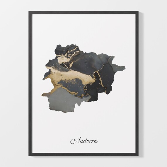 Andorra Black and Gold Marble Silhouette Country Map Art Poster