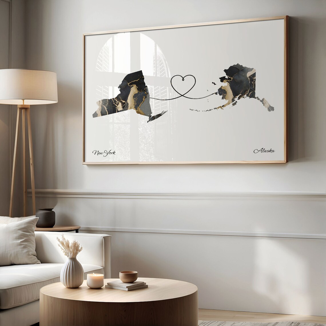 New York to Alaska Marble State Map Heart Long Distance Connection Poster - Image 2