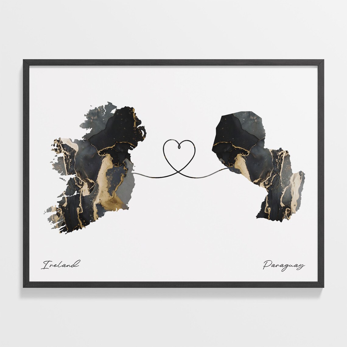 Ireland to Paraguay Black Gold Marble Map Heart Line Art Poster
