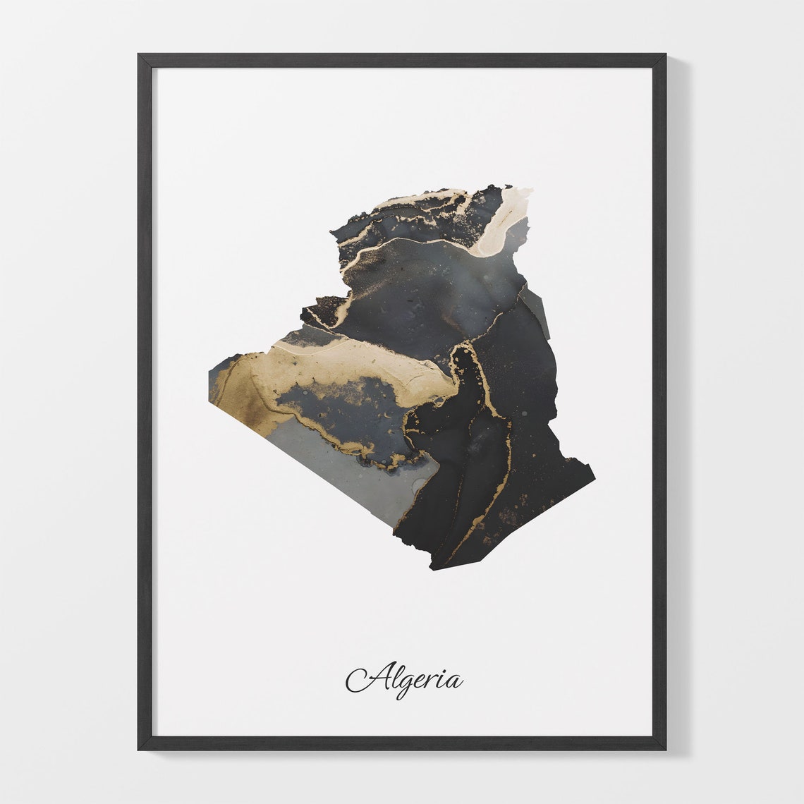 Algeria Black and Gold Marble Silhouette Country Map Art Poster
