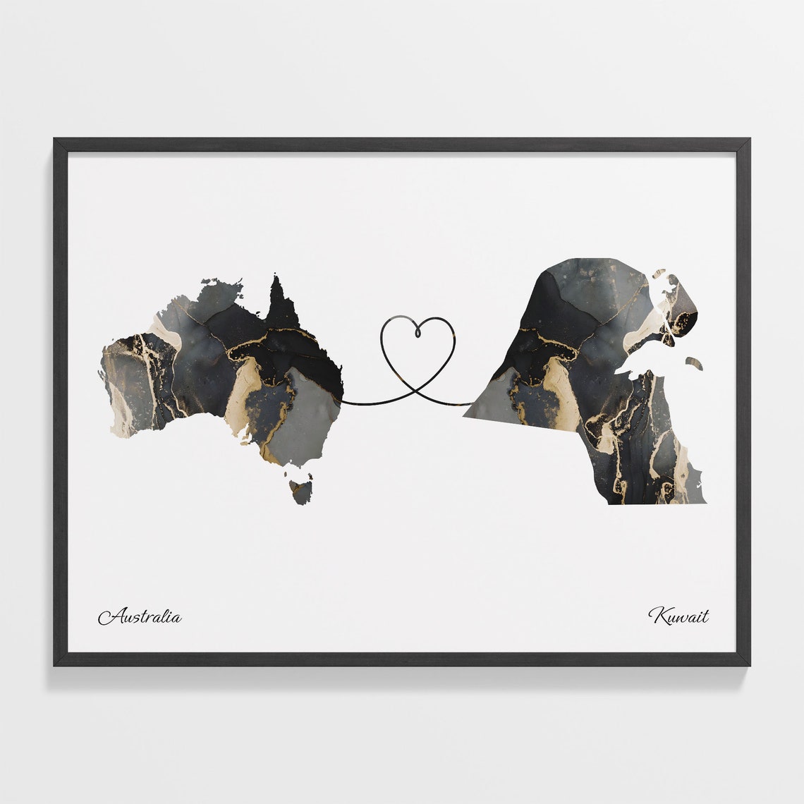 Australia to Kuwait Black and Gold Marble Two Country Map Poster