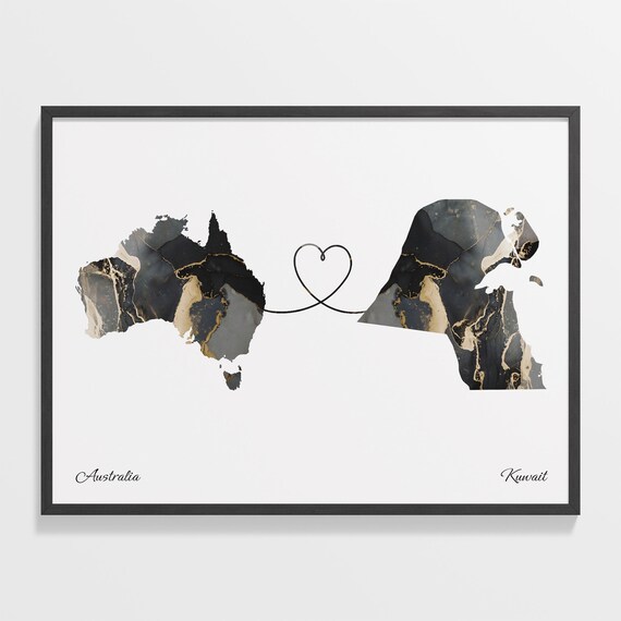 Australia to Kuwait Black and Gold Marble Two Country Map Poster