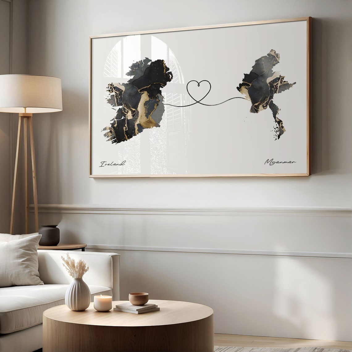 Ireland To Myanmar Modern Marble Effect Two Country Heart Map Poster - Image 2