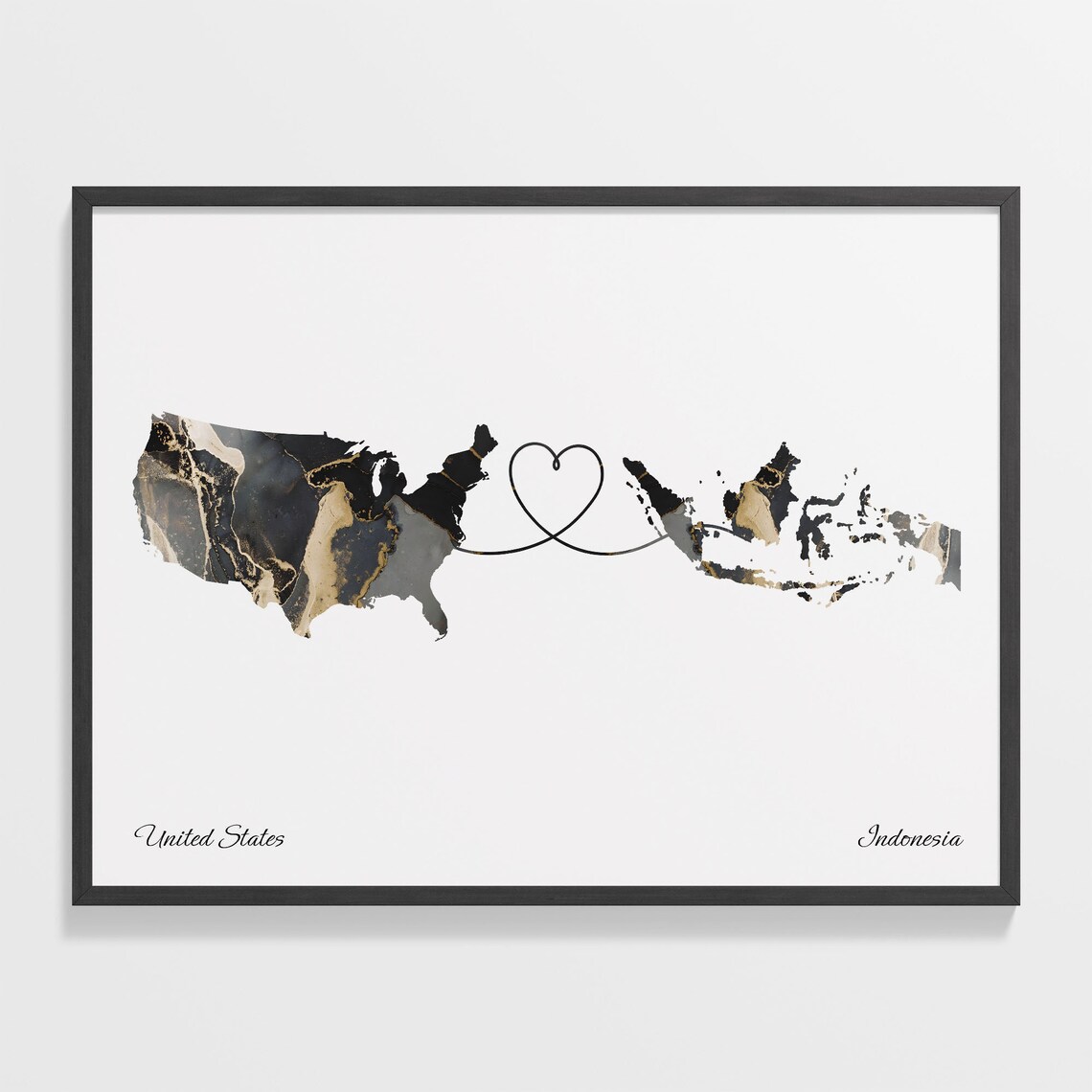 United States and Indonesia Marble Map Heart Long Distance Poster