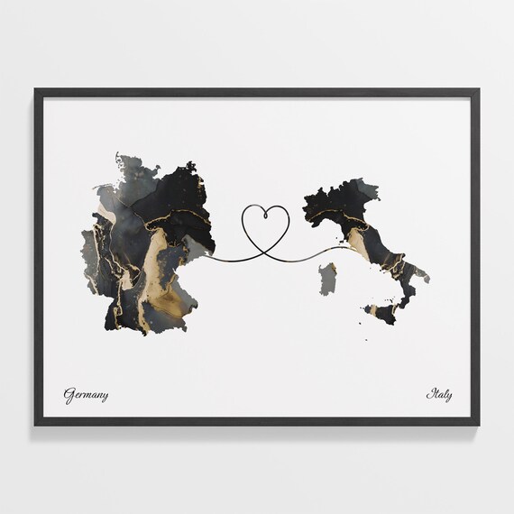 Germany Italy Black Gold Marble Map Art Heart Connection Poster
