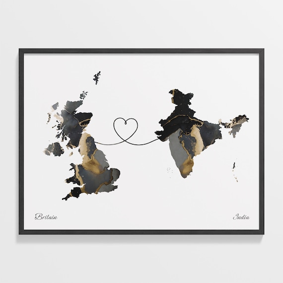Britain To India Long Distance Marble Map Heart Print Gift Art