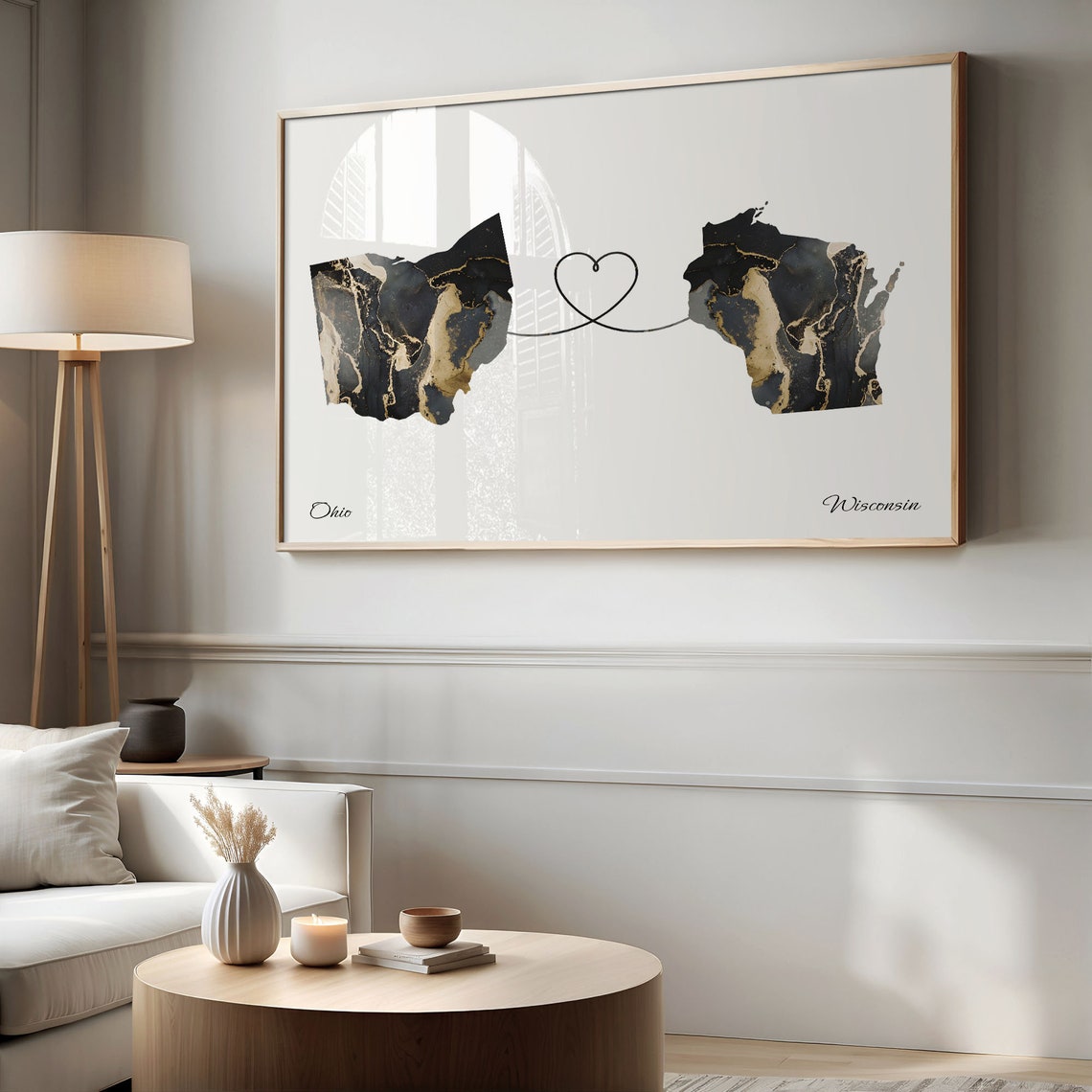Ohio Wisconsin Long Distance Black Gold Marble Heart Map Poster - Image 2