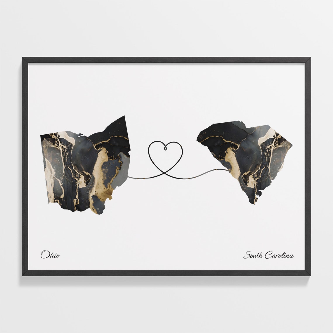 Ohio To South Carolina Heart Linked Marble Map Love Connection Poster
