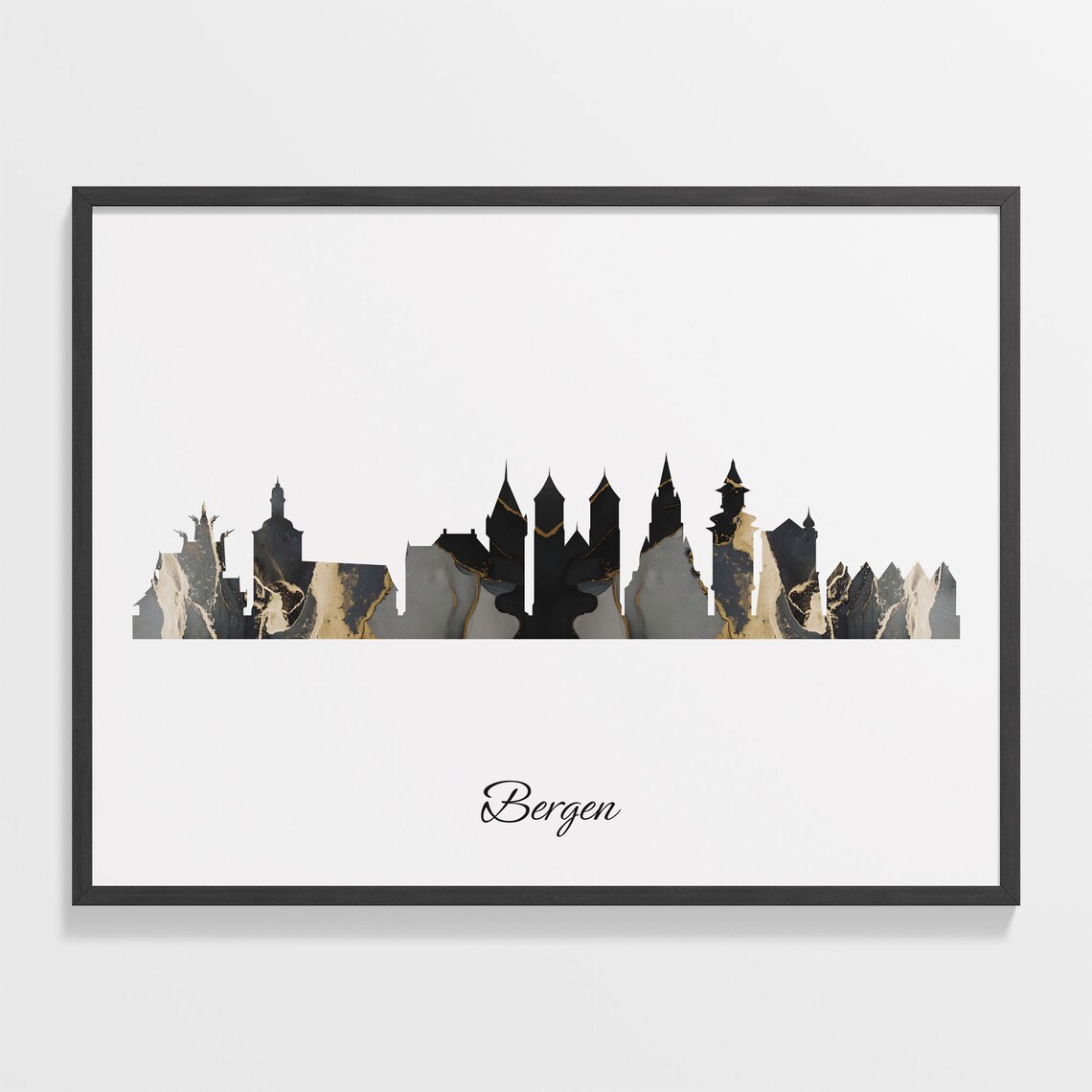 Bergen Skyline Marble Cityscape Black and Gold Travel Poster