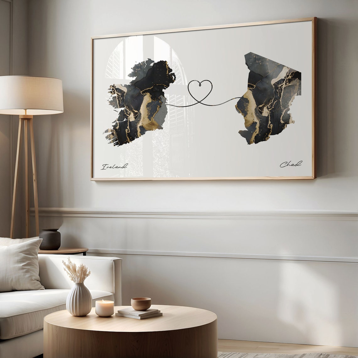 Ireland and Chad Black Gold Marble Map Heart Connection Poster - Image 2