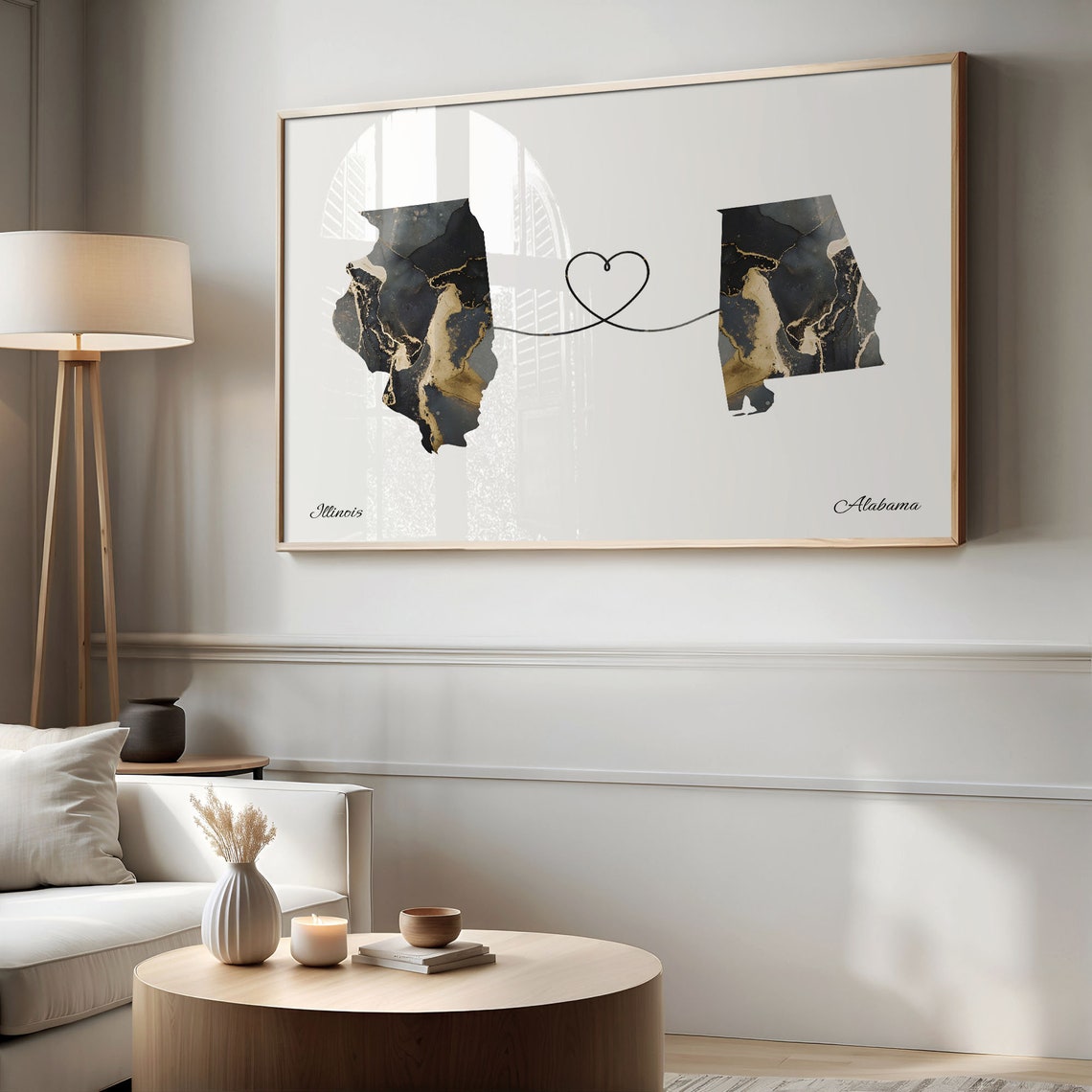 Illinois to Alabama Black Gold Marble Map Heart Connection Poster - Image 2