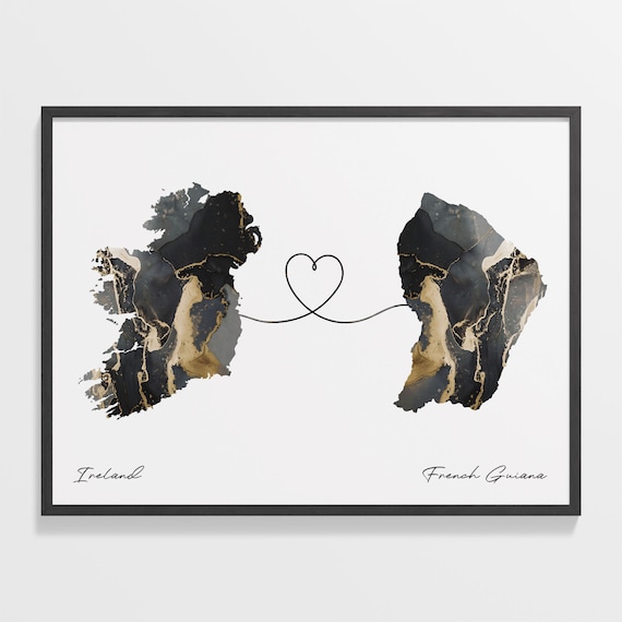 Ireland To French Guiana Heart Connected Black Marble Country Map Poster