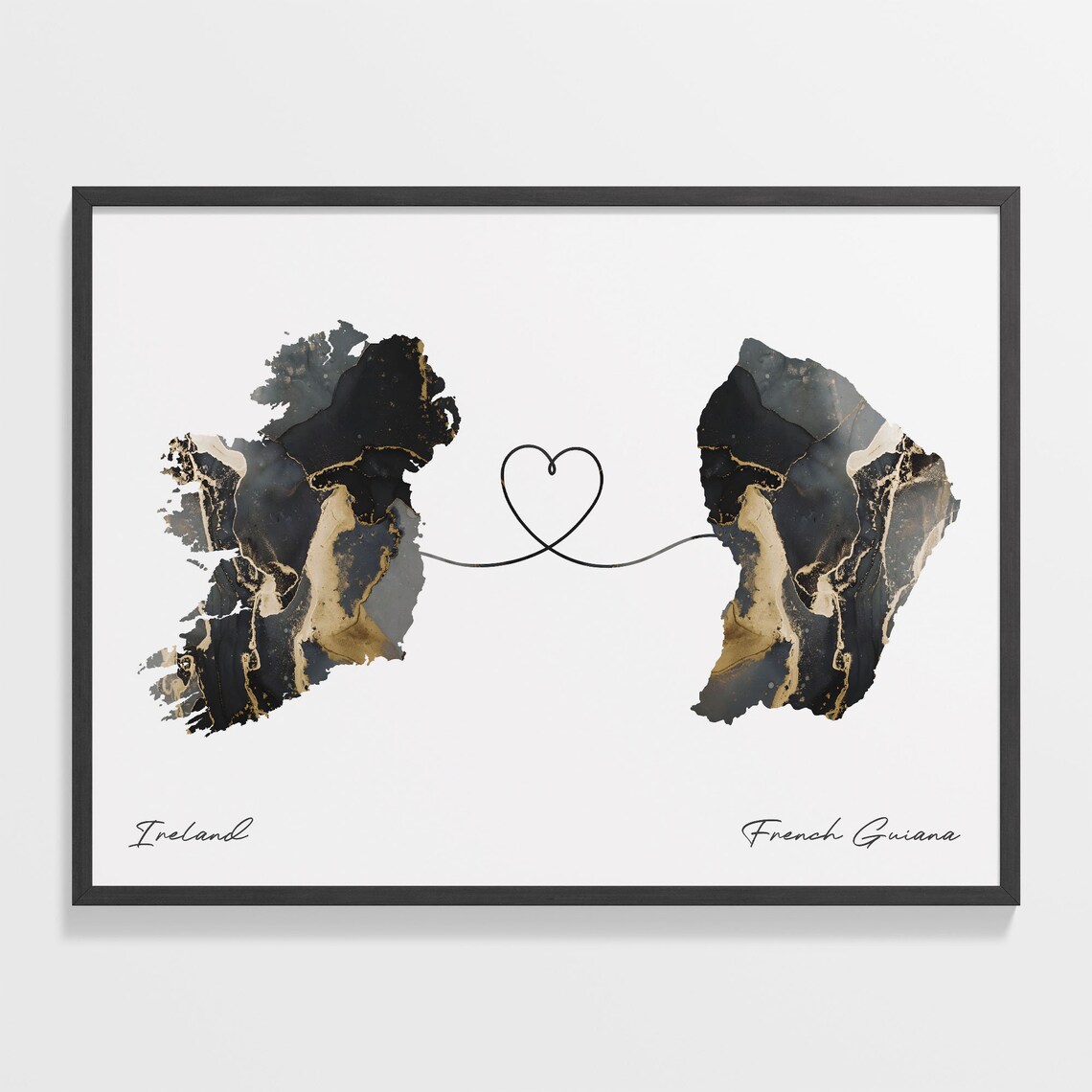 Ireland To French Guiana Heart Connected Black Marble Country Map Poster