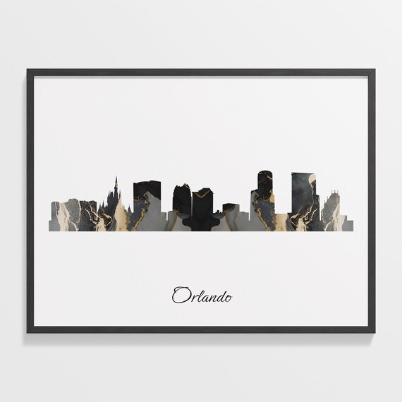 Orlando Skyline Minimalist Black Gold Marble Cityscape Art Poster