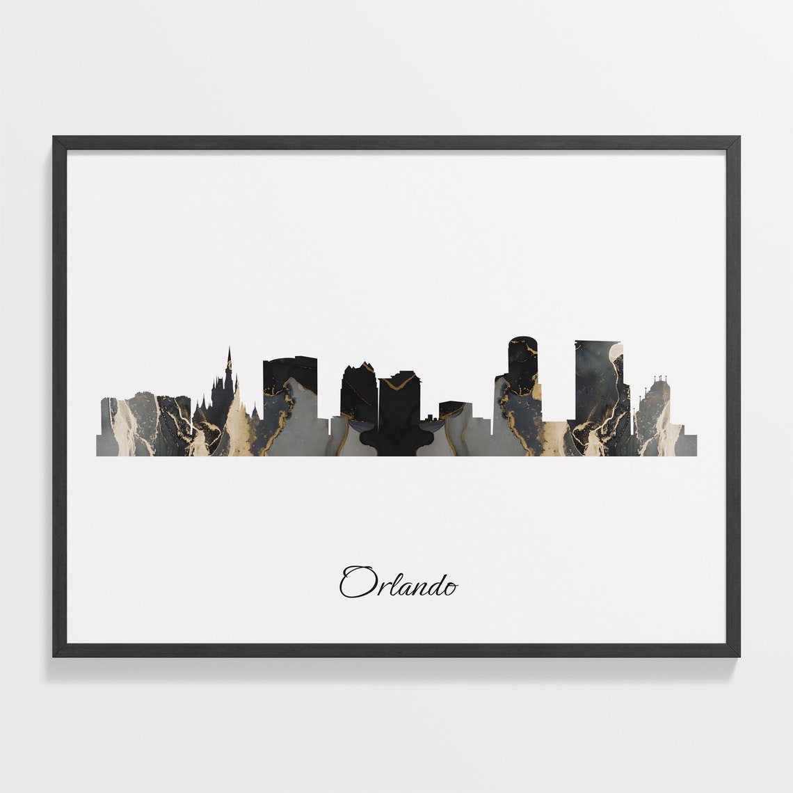 Orlando Skyline Minimalist Black Gold Marble Cityscape Art Poster