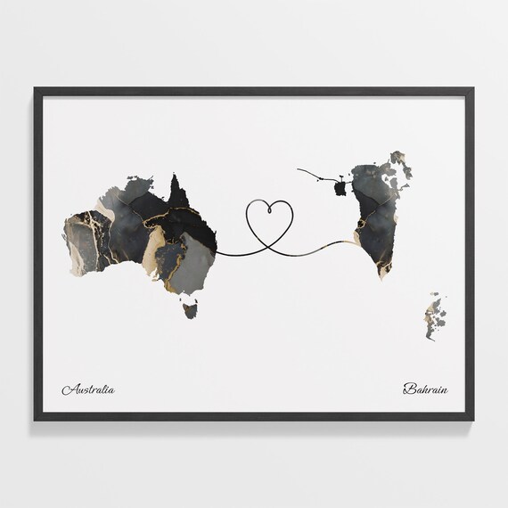 Australia to Bahrain Black and Gold Marble Two Country Map Poster