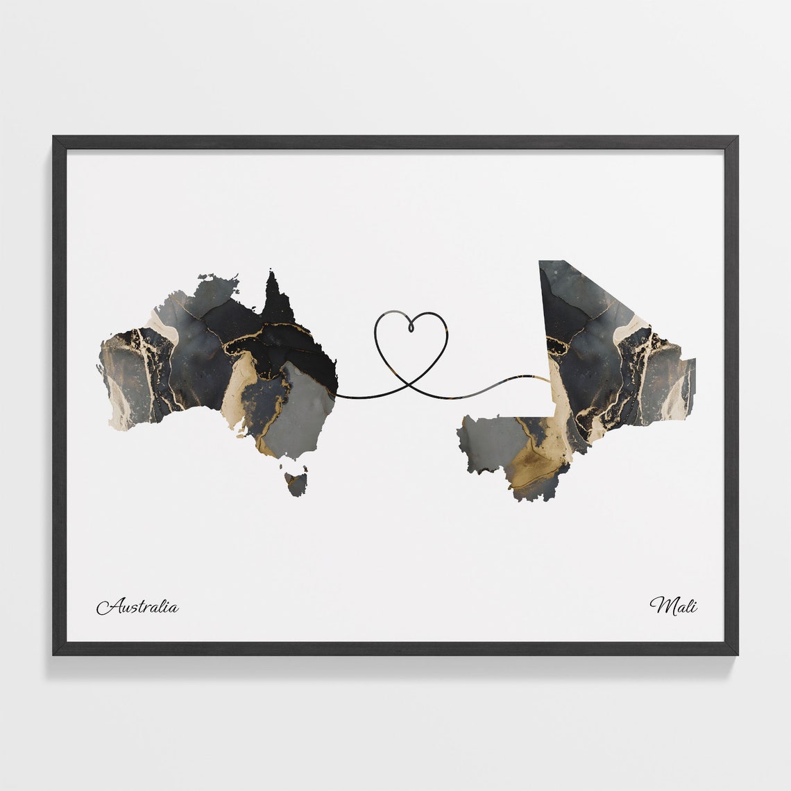 Australia To Mali Heart Connected Black Marble Country Map Poster