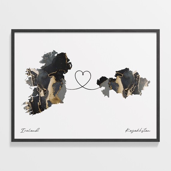Ireland to Kazakhstan Marble Map with Heart Long Distance Love Poster