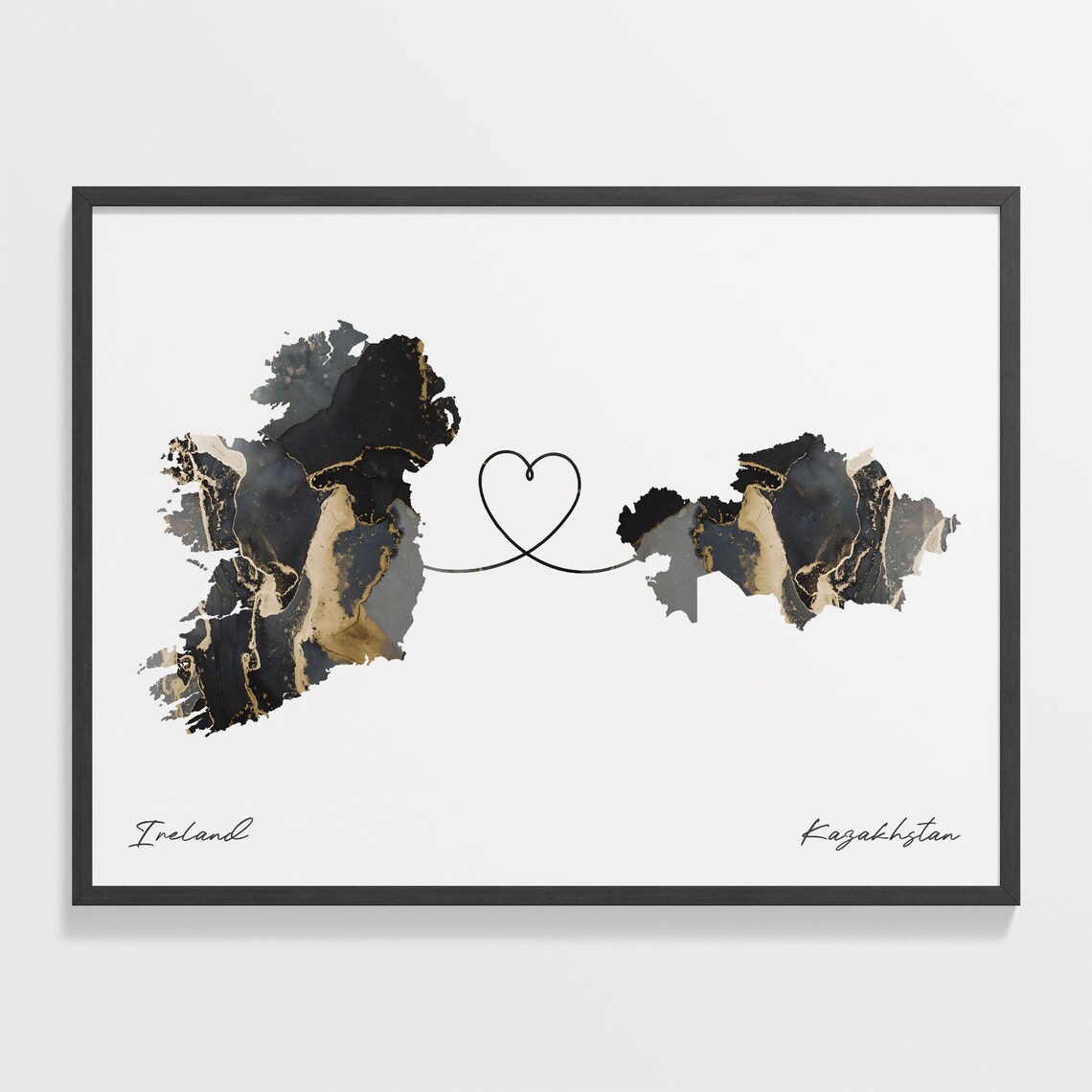 Ireland to Kazakhstan Marble Map with Heart Long Distance Love Poster