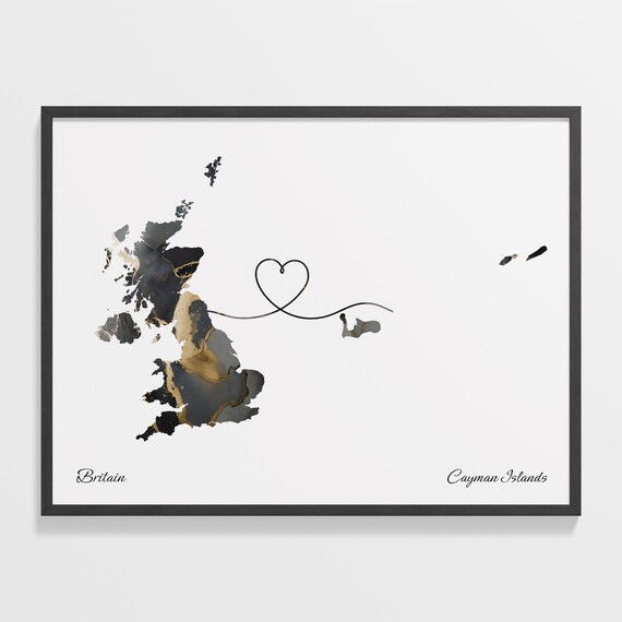 Britain to Cayman Islands Marble Heart Map Poster Gift for Long Distance Love