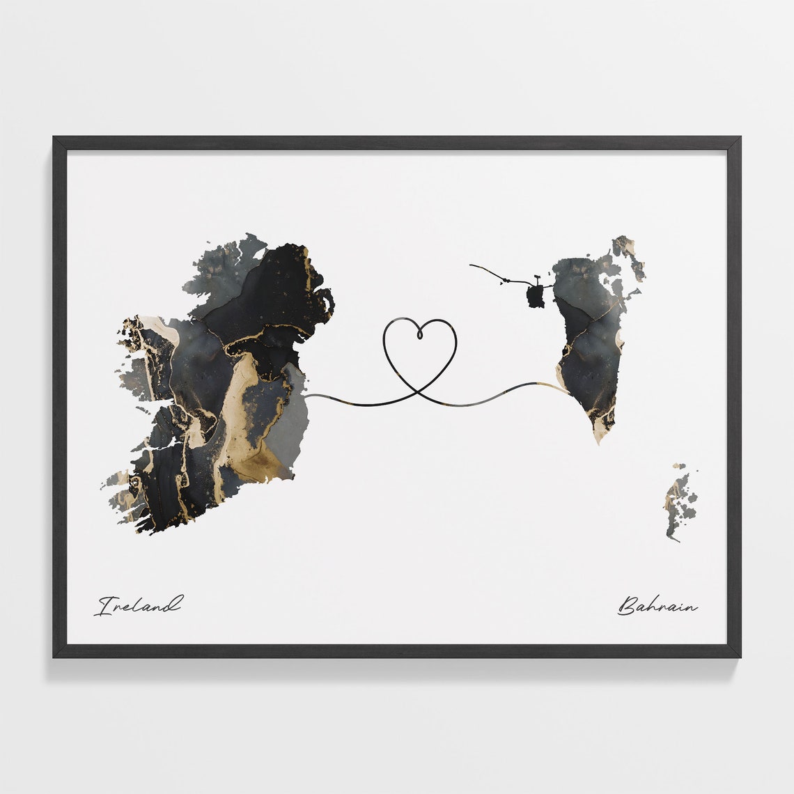 Ireland Bahrain Long Distance Love Heart Marble Map Gift Poster
