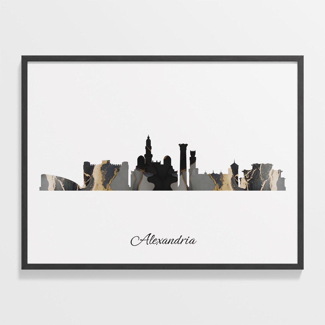 Alexandria Luxury Black Gold Marble City Skyline Silhouette Poster