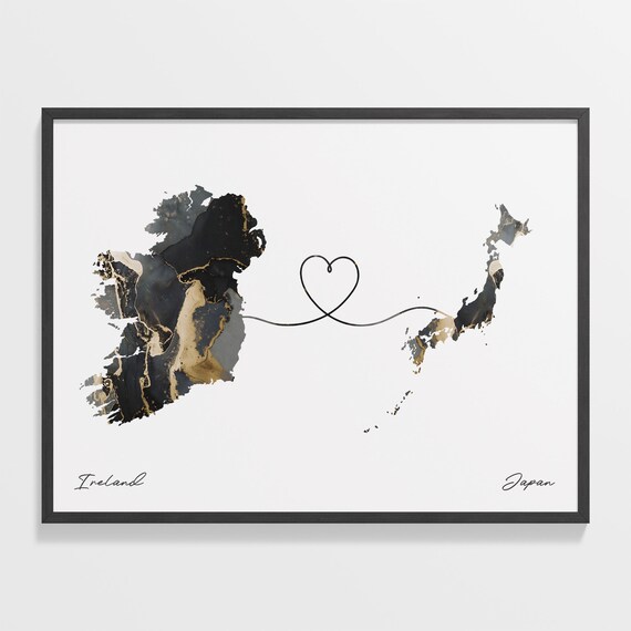 Ireland Japan Long Distance Love Black Marble Heart Map Poster