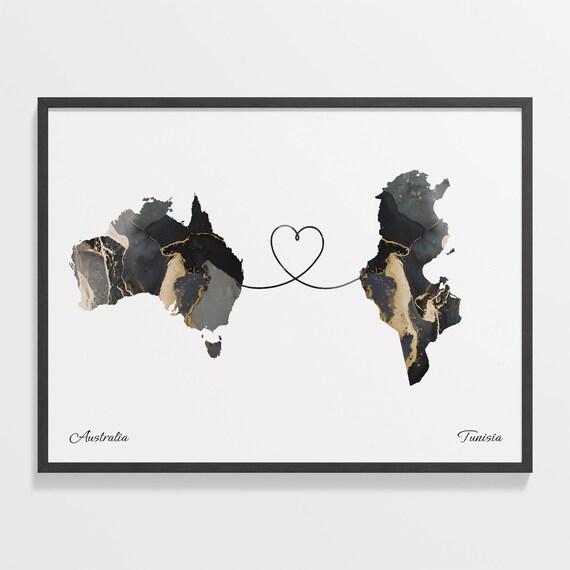 Australia and Tunisia Black Gold Marble Map Heart Connection Poster