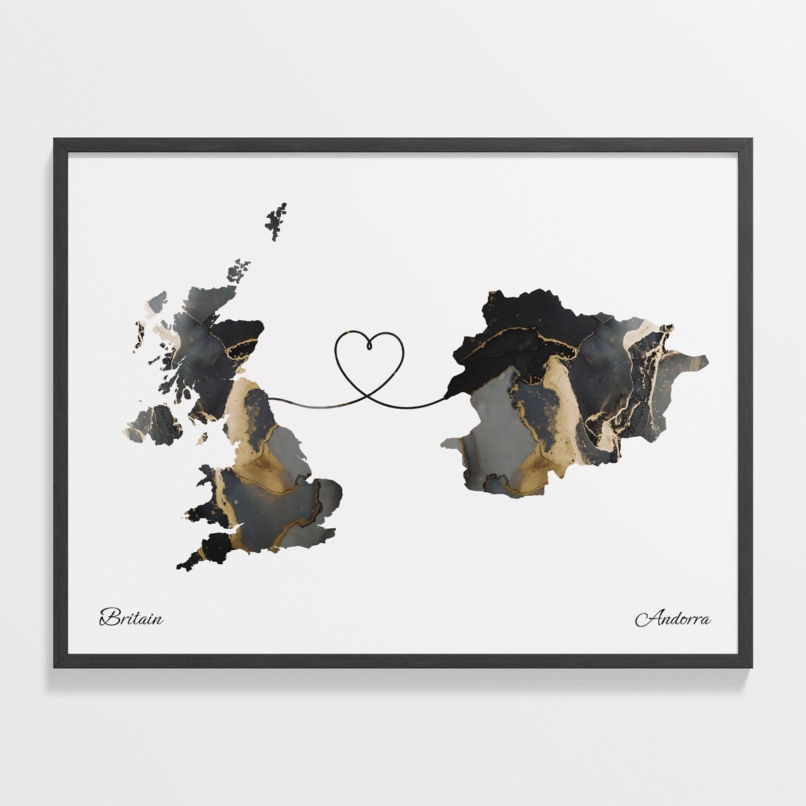 Britain to Andorra Heart Connected Long Distance Marble Map Poster