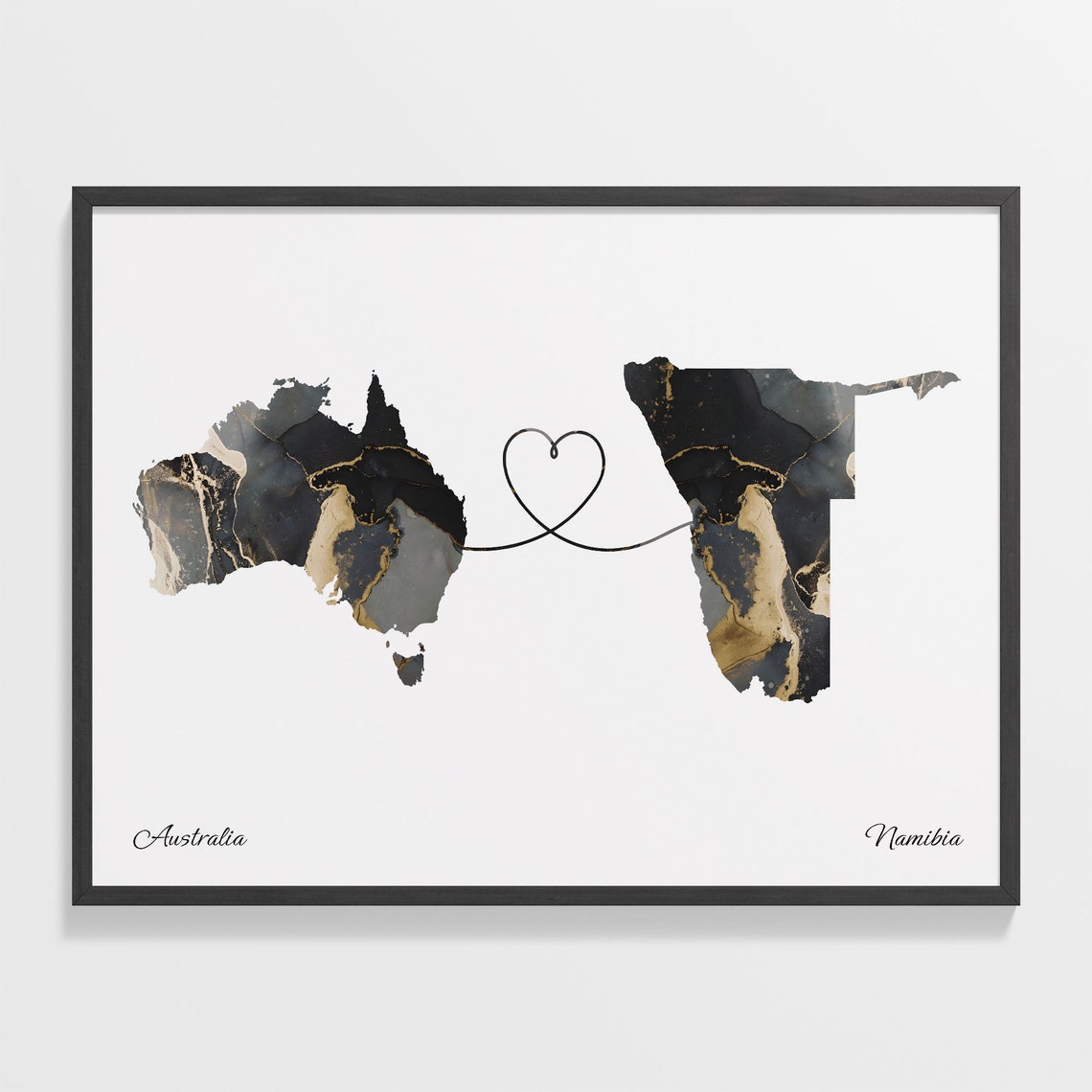 Australia and Namibia Black Gold Marble Map Heart Connection Poster