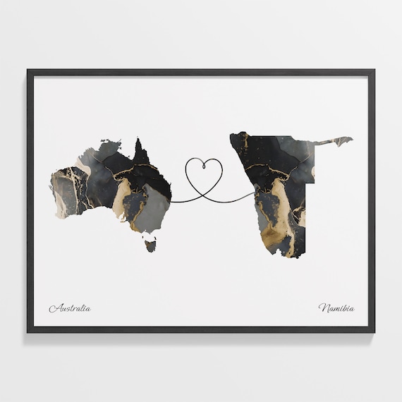 Australia and Namibia Black Gold Marble Map Heart Connection Poster